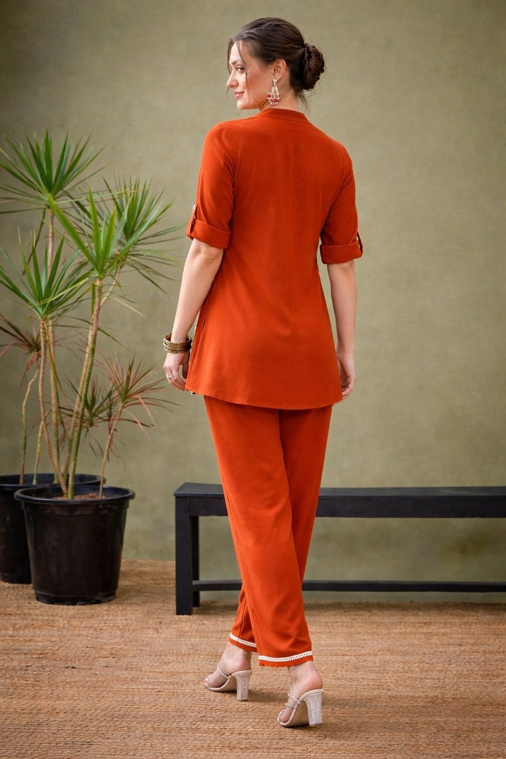 Rust Floral Embroidered Scalloped Hem Cotton Workwear Suit