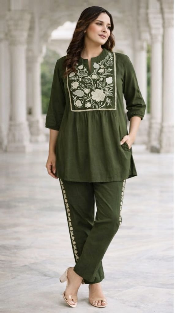 Green Women's Embroidered Cotton Tunic and Trouser Office Set
