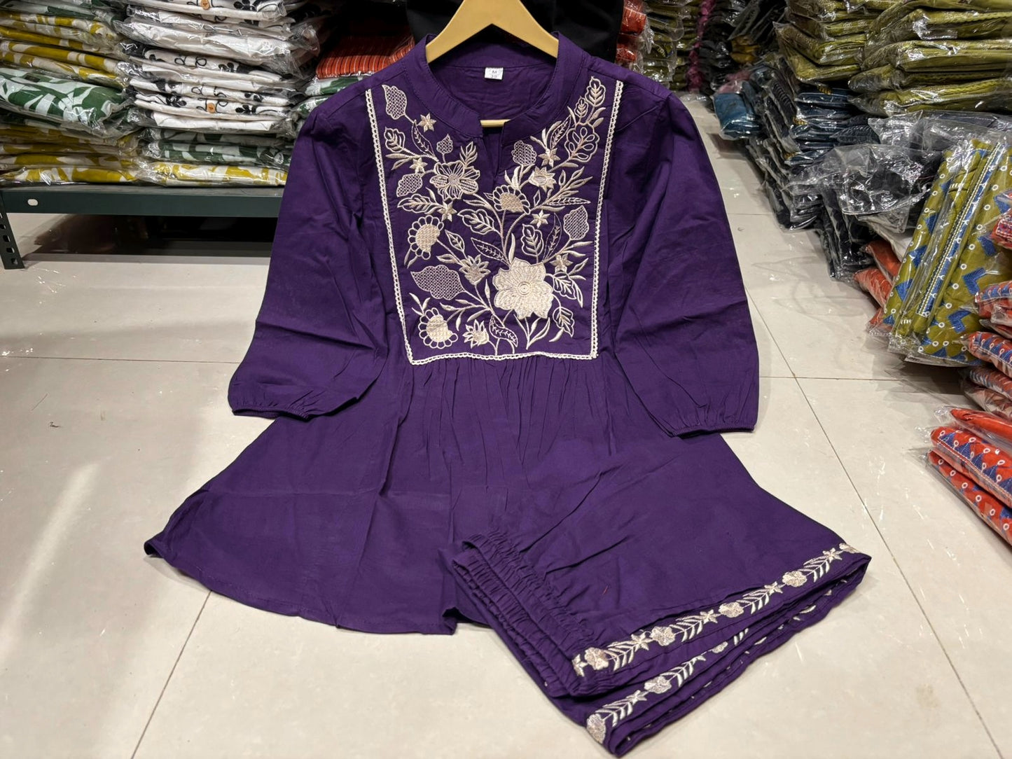 Purple Women's Embroidered Cotton Tunic and Trouser Office Set