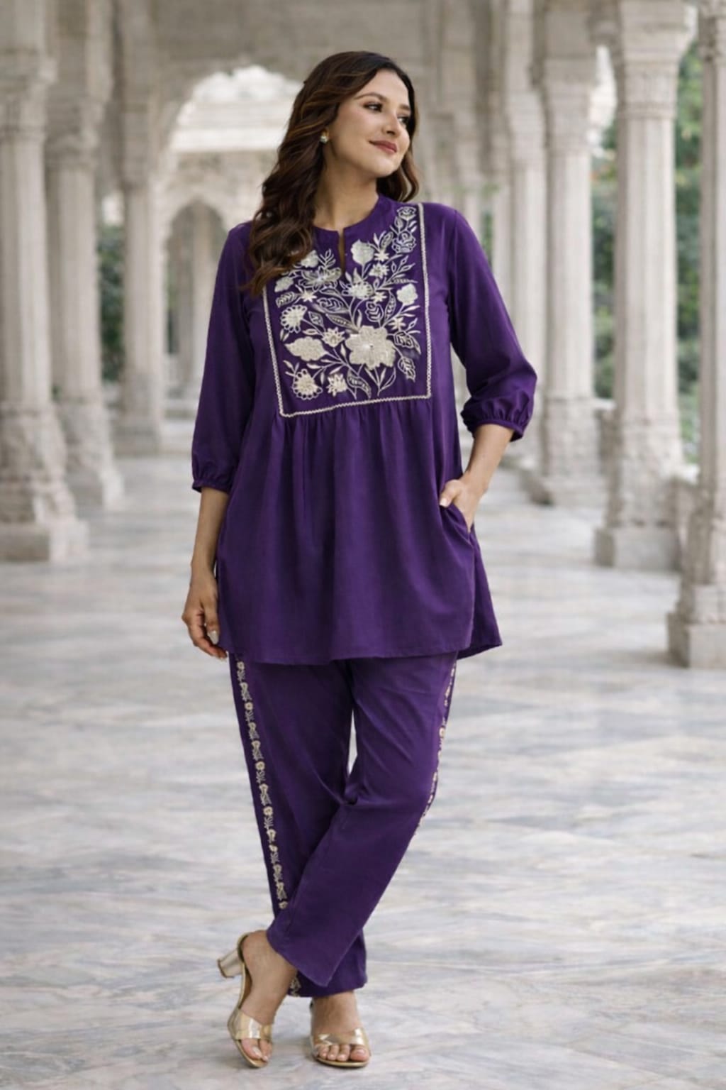 Purple Women's Embroidered Cotton Tunic and Trouser Office Set