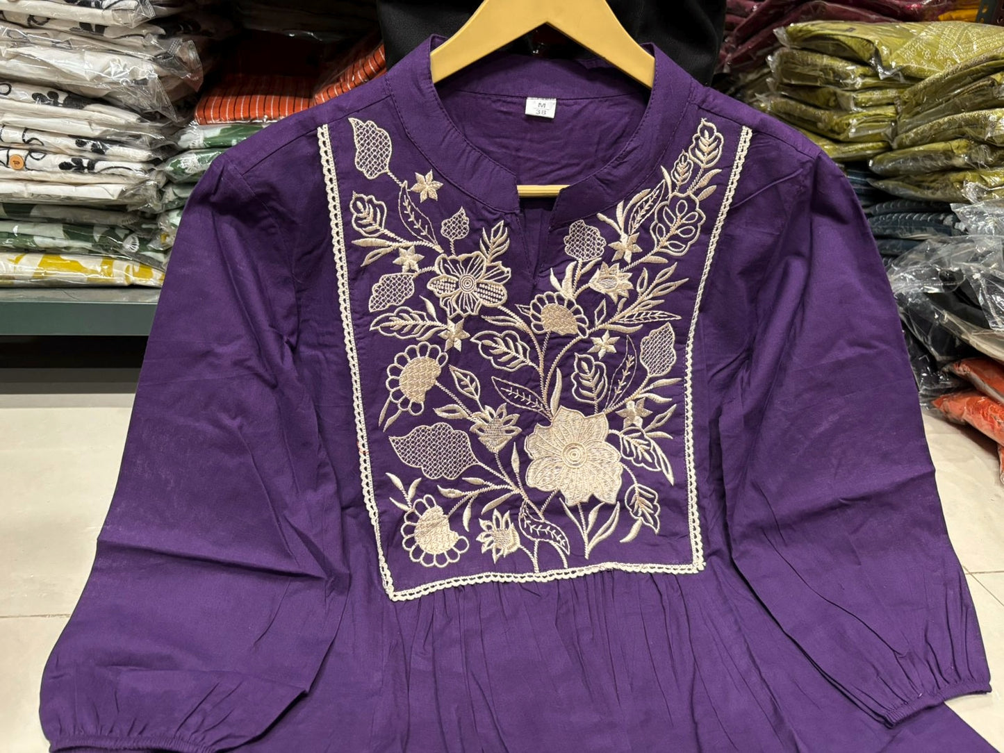 Purple Women's Embroidered Cotton Tunic and Trouser Office Set