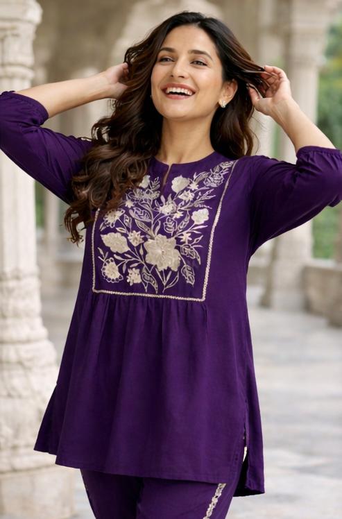 Purple Women's Embroidered Cotton Tunic and Trouser Office Set