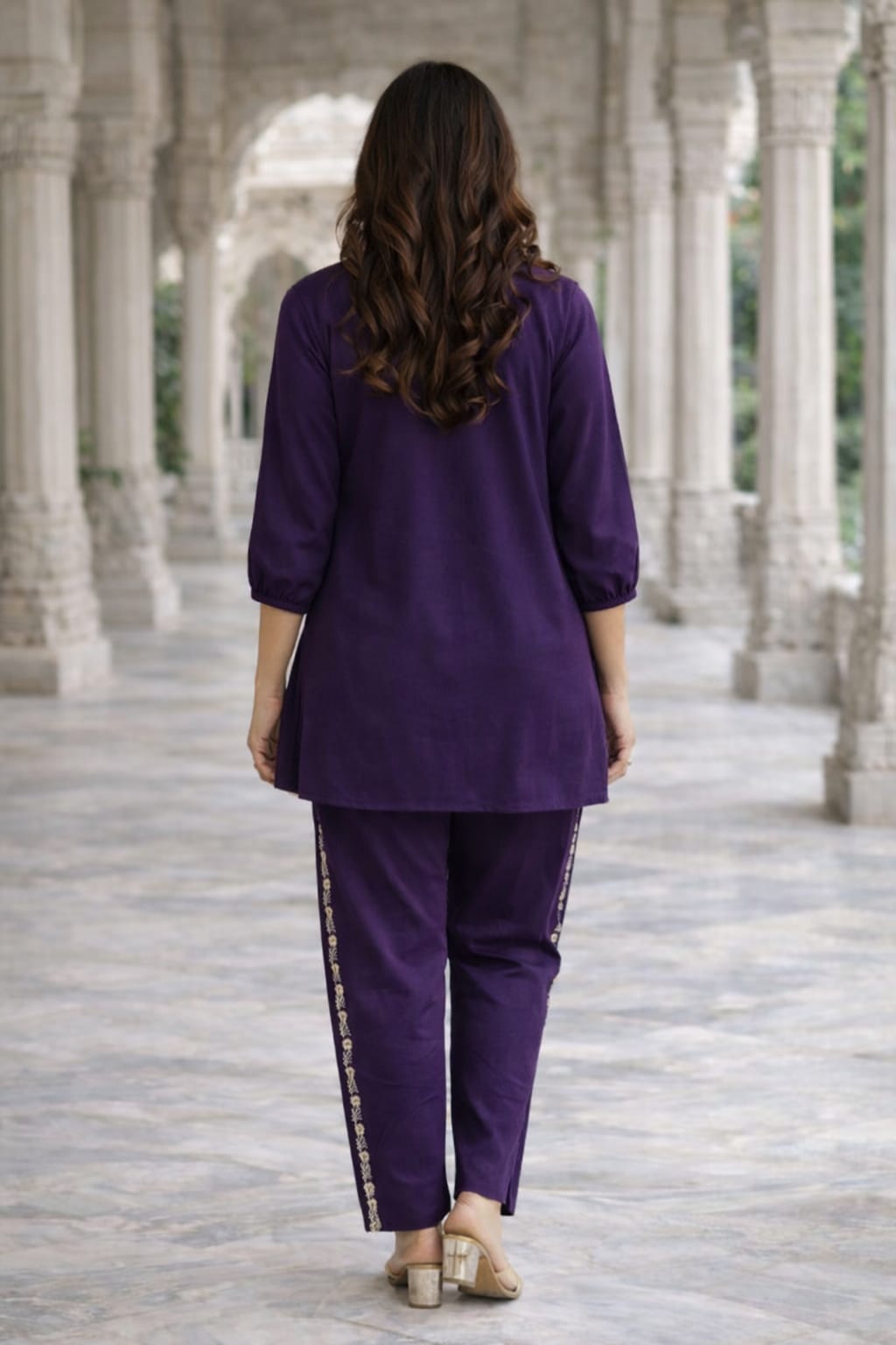 Purple Women's Embroidered Cotton Tunic and Trouser Office Set