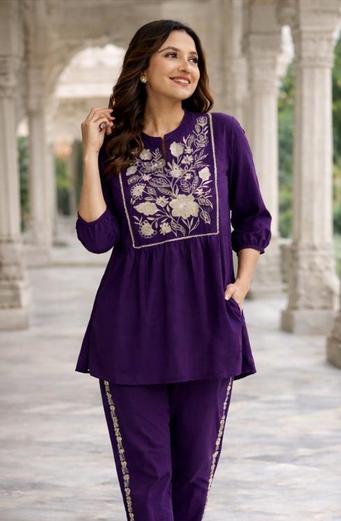 Purple Women's Embroidered Cotton Tunic and Trouser Office Set