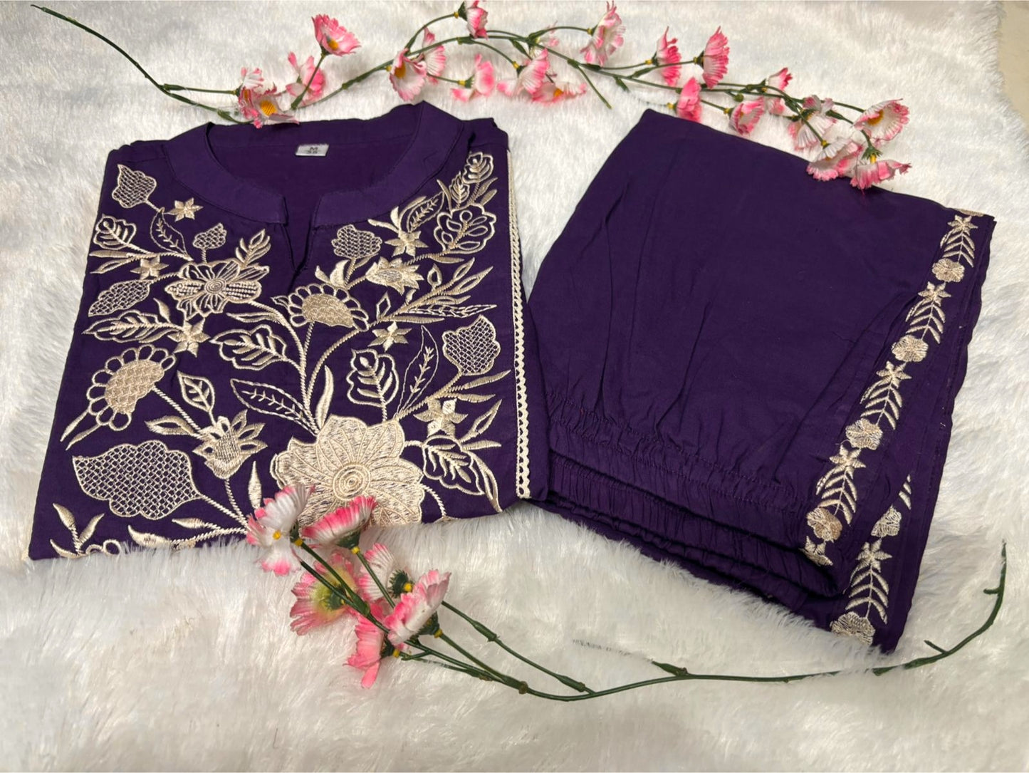 Purple Women's Embroidered Cotton Tunic and Trouser Office Set