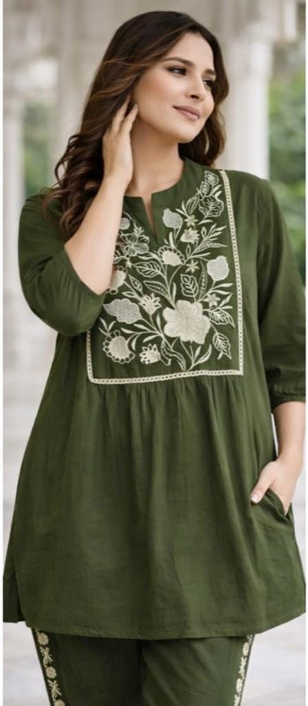 Green Women's Embroidered Cotton Tunic and Trouser Office Set