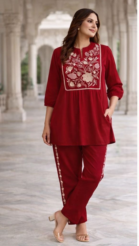 Red Women's Embroidered Cotton Tunic and Trouser Office Set