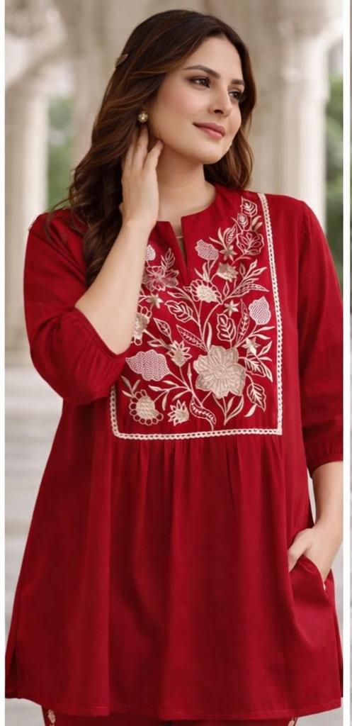 Red Women's Embroidered Cotton Tunic and Trouser Office Set