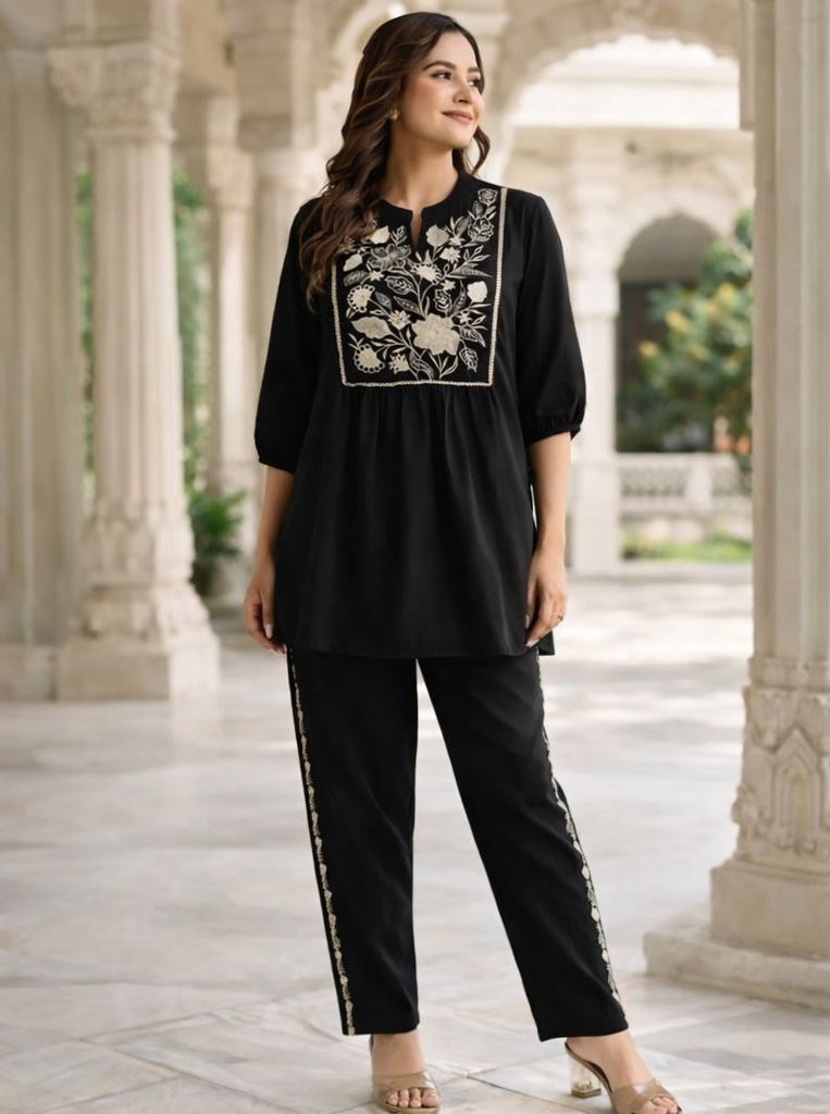 Black Women's Embroidered Cotton Tunic and Trouser Office Set