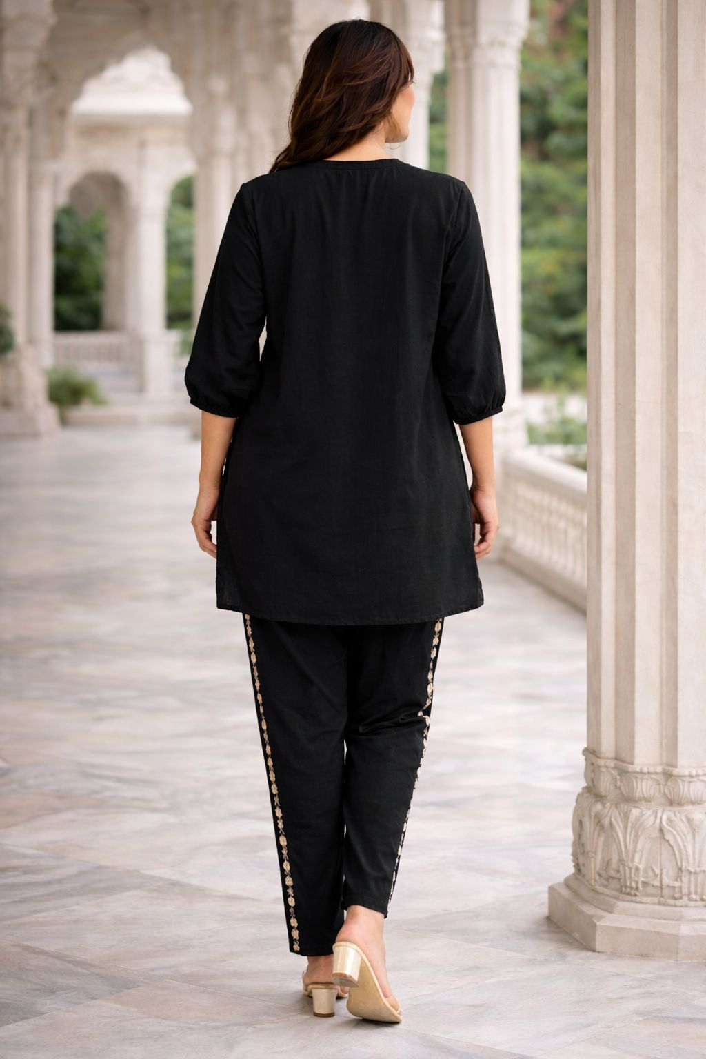 Black Women's Embroidered Cotton Tunic and Trouser Office Set