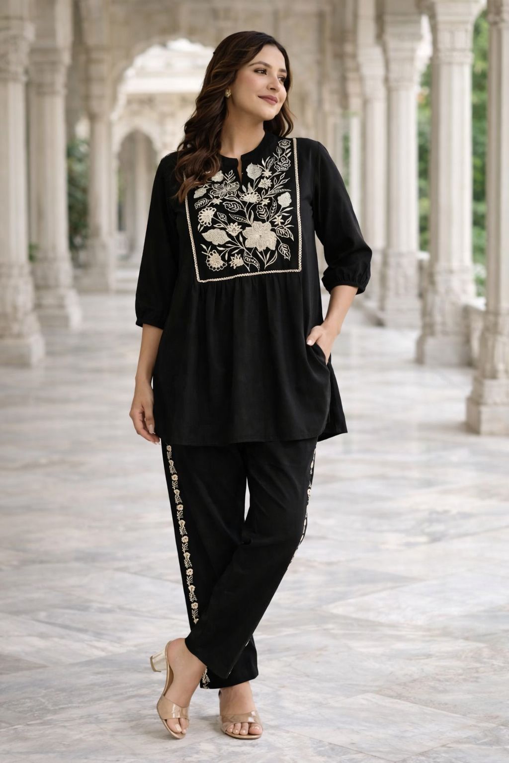 Black Women's Embroidered Cotton Tunic and Trouser Office Set