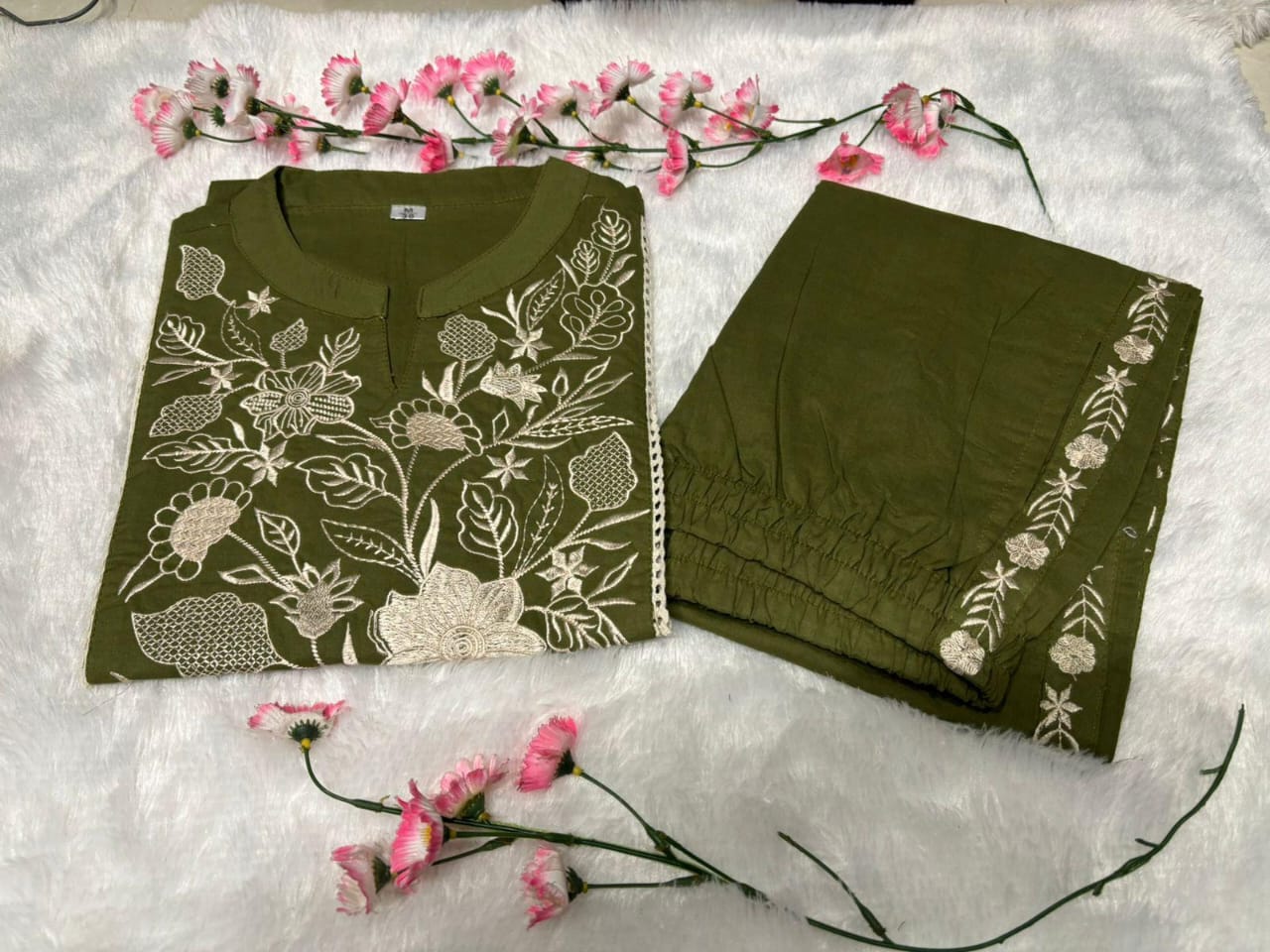 Green Women's Embroidered Cotton Tunic and Trouser Office Set