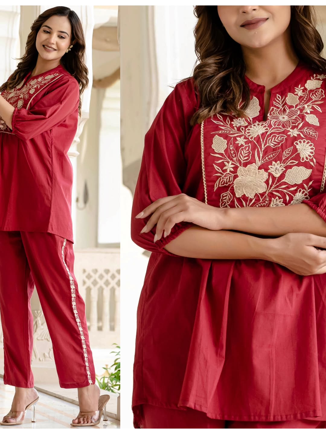 Red Women's Embroidered Cotton Tunic and Trouser Office Set