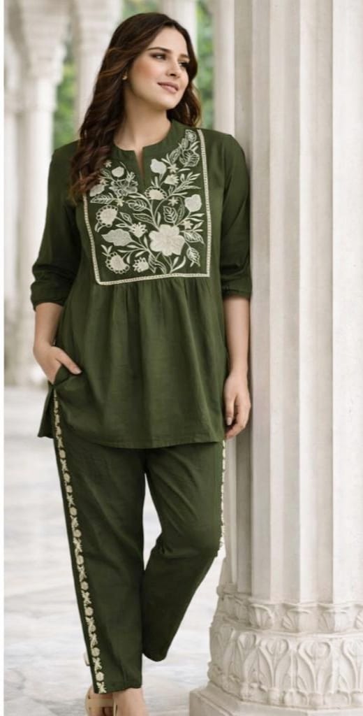 Green Women's Embroidered Cotton Tunic and Trouser Office Set