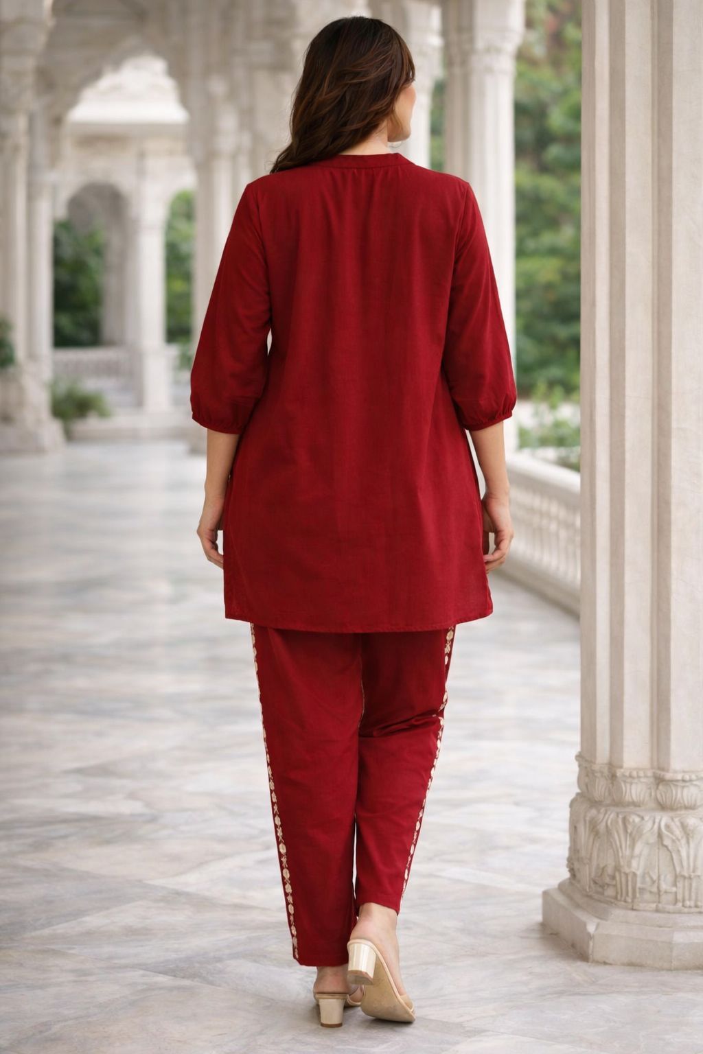 Red Women's Embroidered Cotton Tunic and Trouser Office Set
