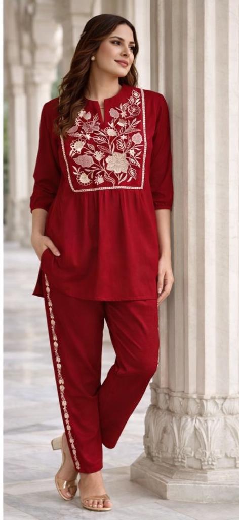 Red Women's Embroidered Cotton Tunic and Trouser Office Set