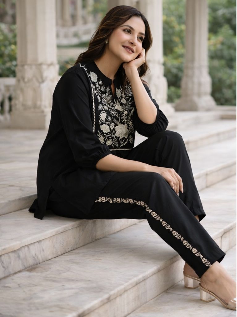 Black Women's Embroidered Cotton Tunic and Trouser Office Set