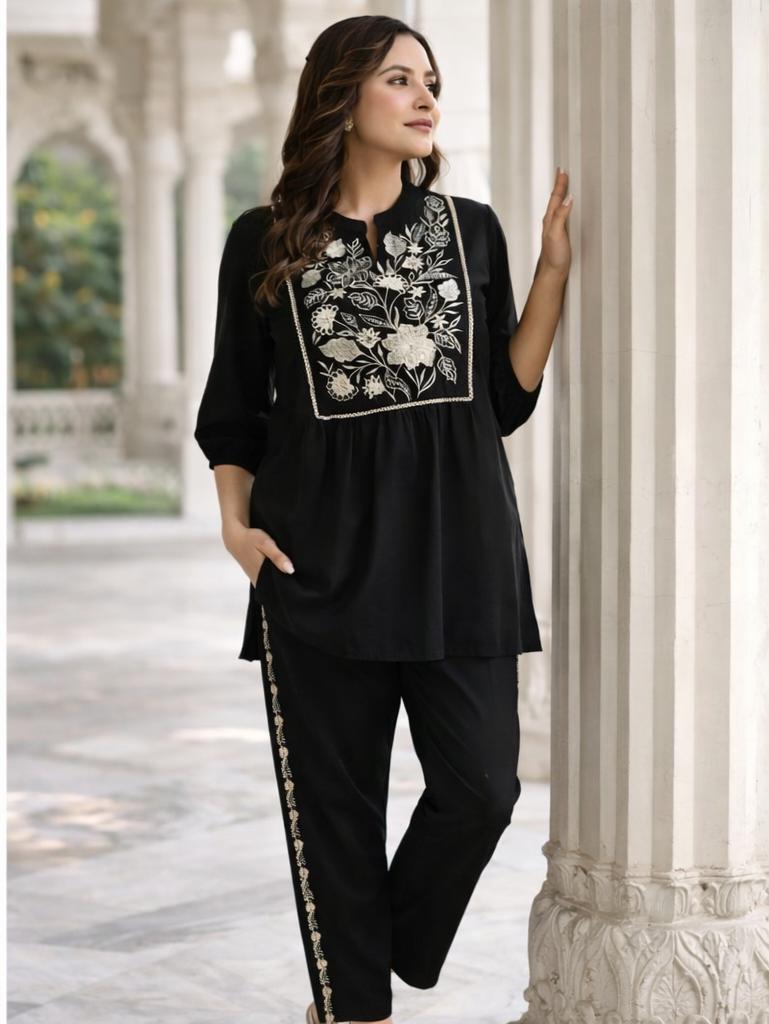 Black Women's Embroidered Cotton Tunic and Trouser Office Set