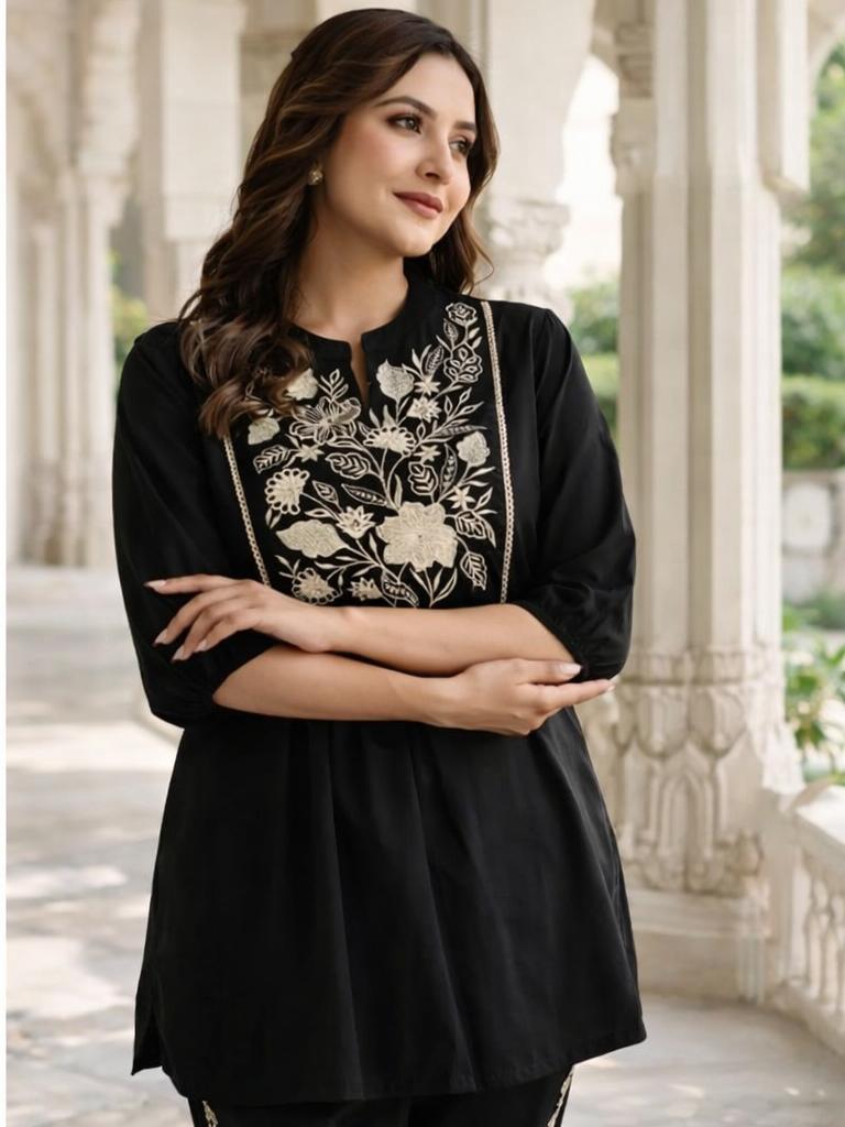 Black Women's Embroidered Cotton Tunic and Trouser Office Set