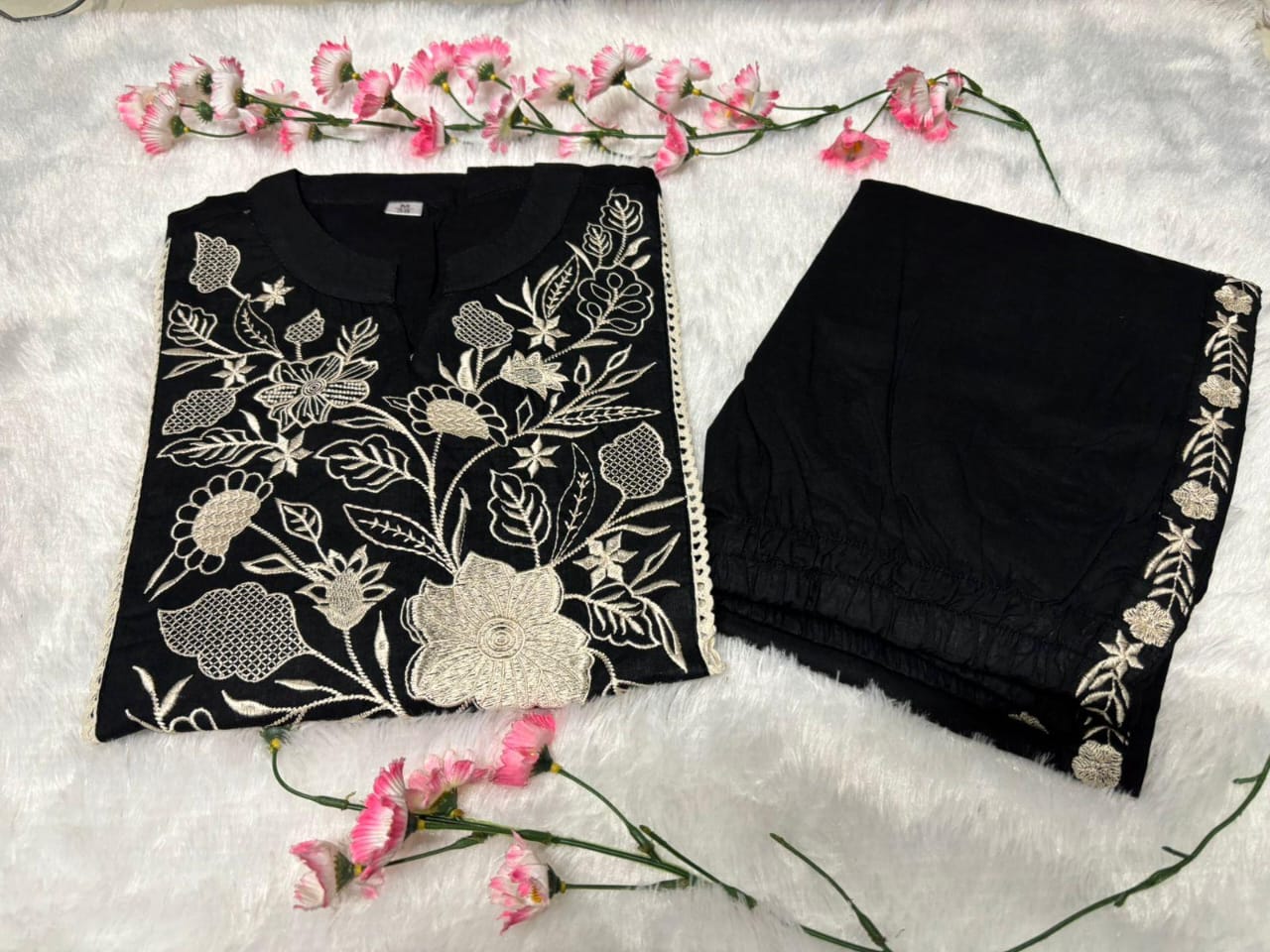 Black Women's Embroidered Cotton Tunic and Trouser Office Set