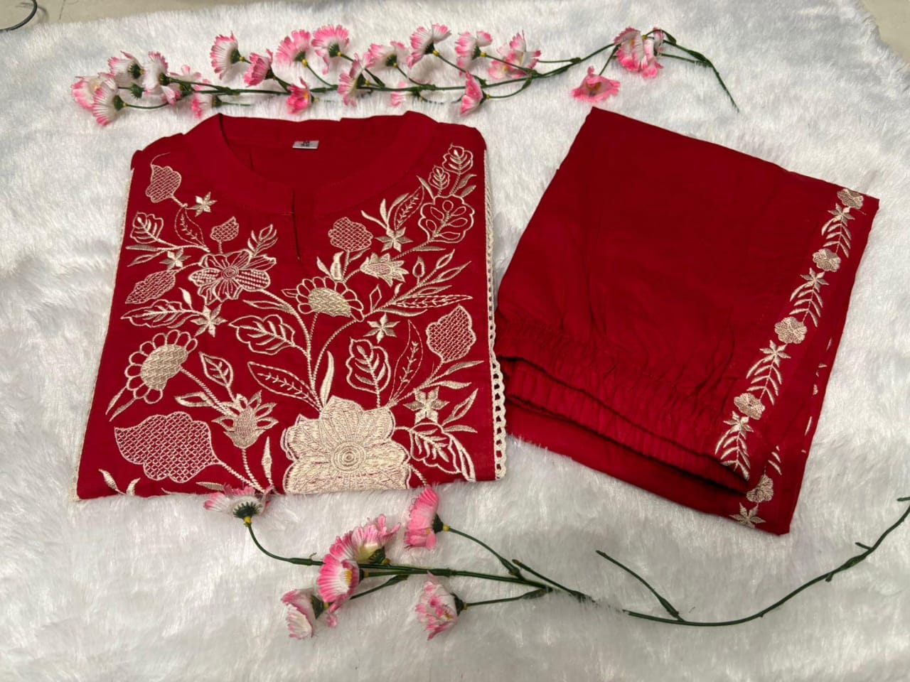 Red Women's Embroidered Cotton Tunic and Trouser Office Set