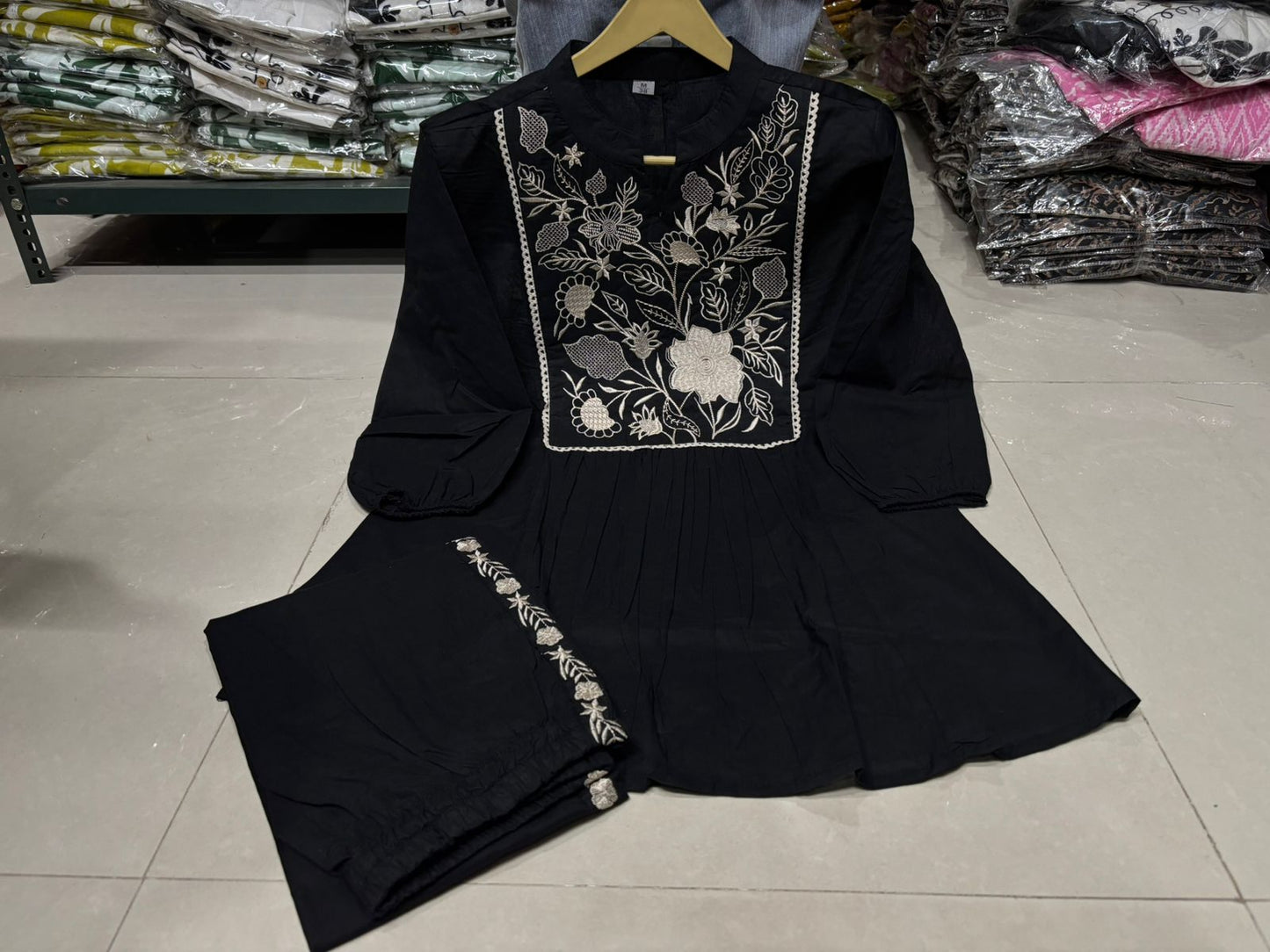 Black Women's Embroidered Cotton Tunic and Trouser Office Set