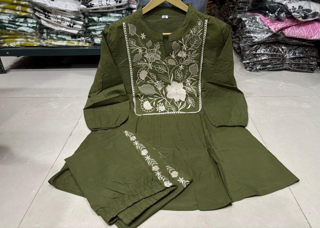 Green Women's Embroidered Cotton Tunic and Trouser Office Set