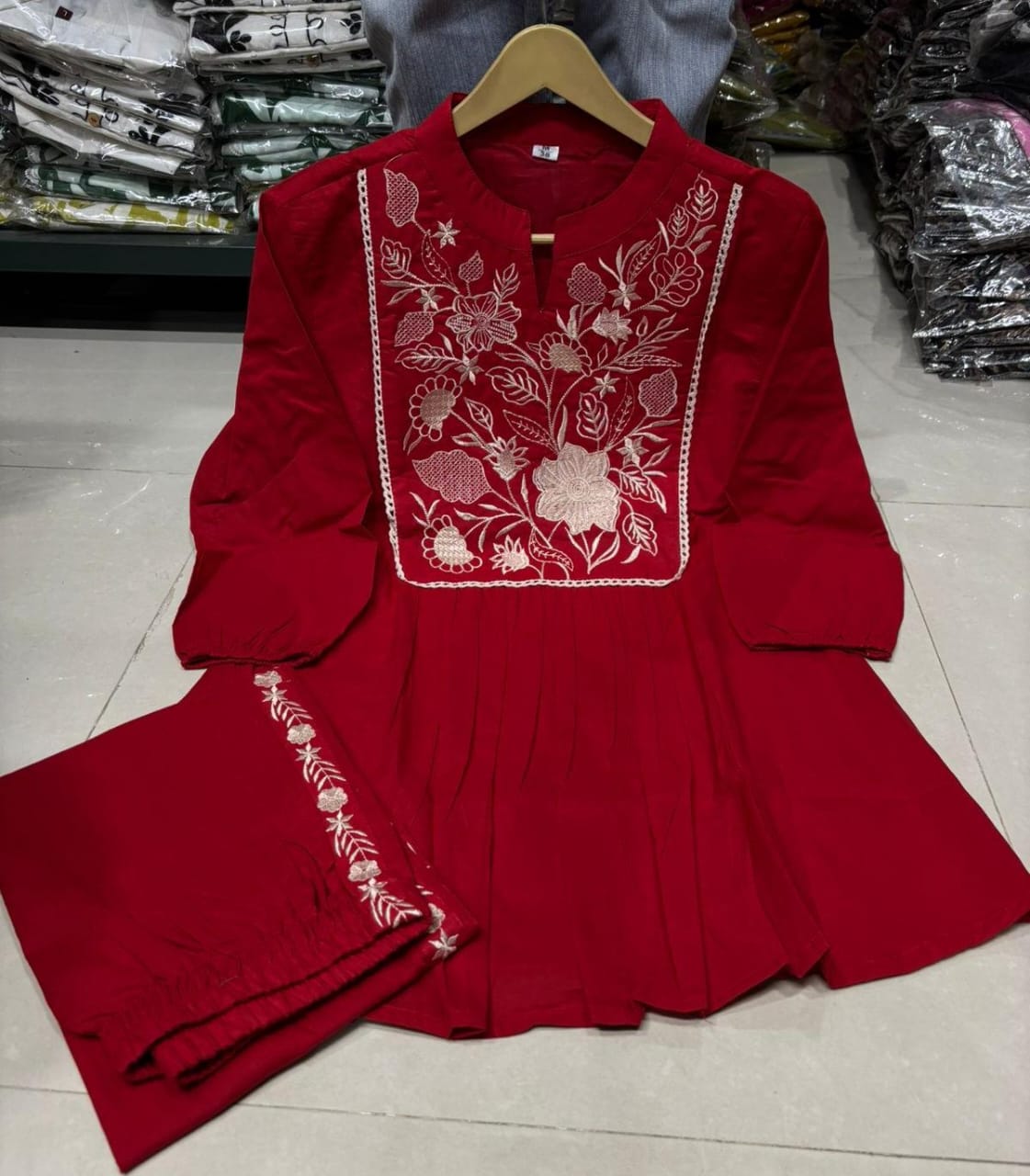 Red Women's Embroidered Cotton Tunic and Trouser Office Set