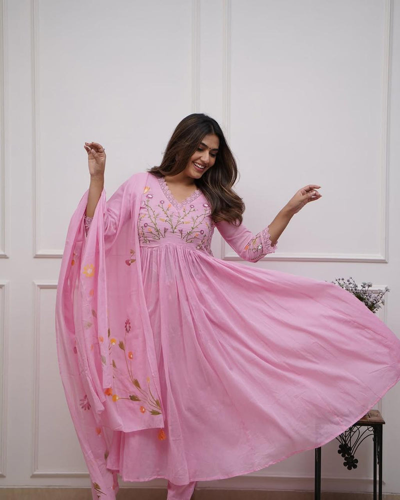 Floral Embroidered Cotton Anarkali Set with Malmal Dupatta