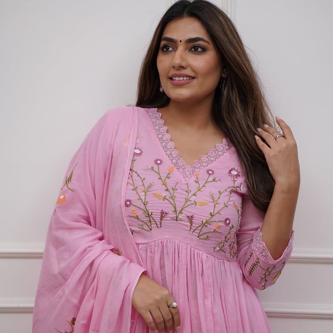 Floral Embroidered Cotton Anarkali Set with Malmal Dupatta