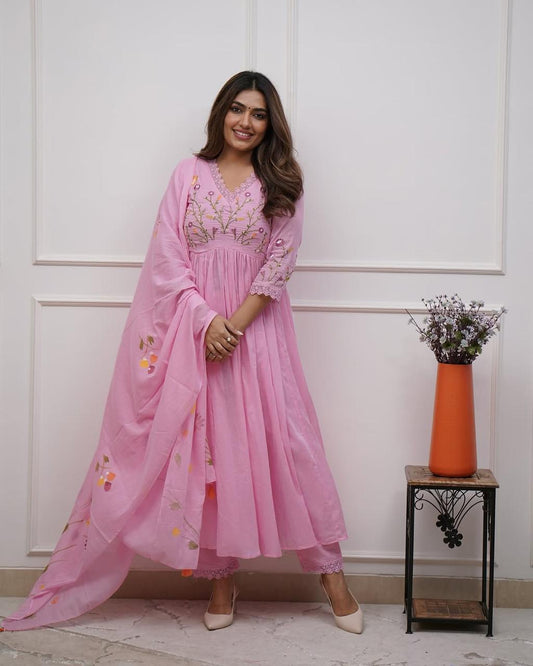 Floral Embroidered Cotton Anarkali Set with Malmal Dupatta