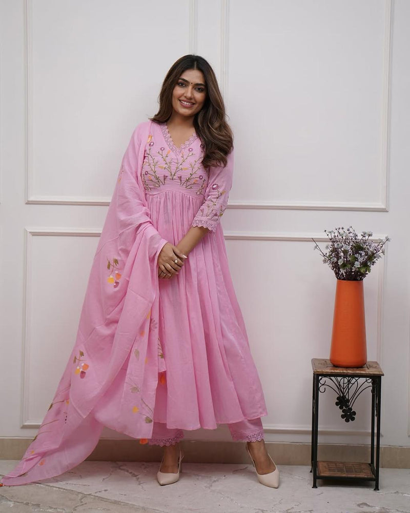 Floral Embroidered Cotton Anarkali Set with Malmal Dupatta