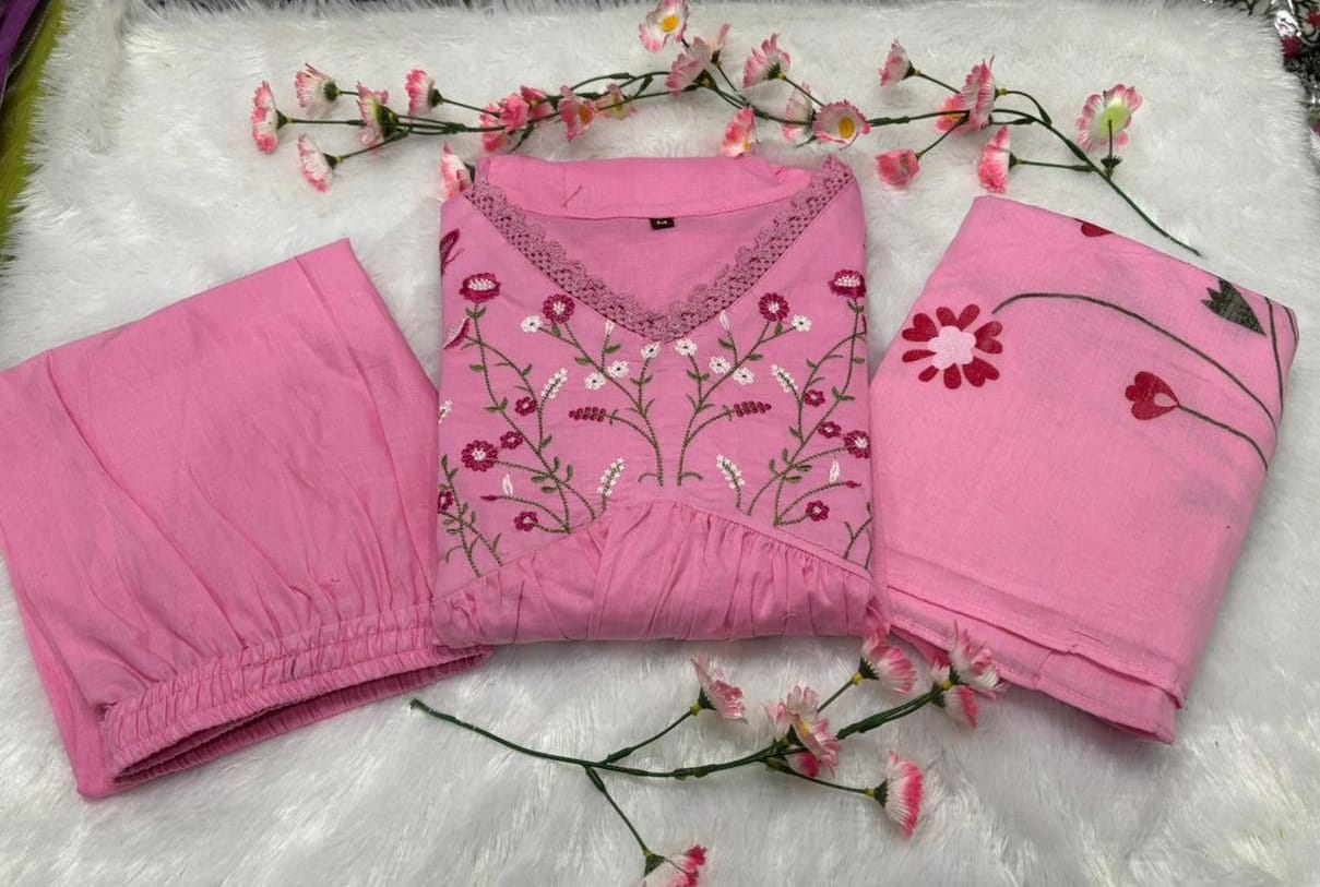 Floral Embroidered Cotton Anarkali Set with Malmal Dupatta
