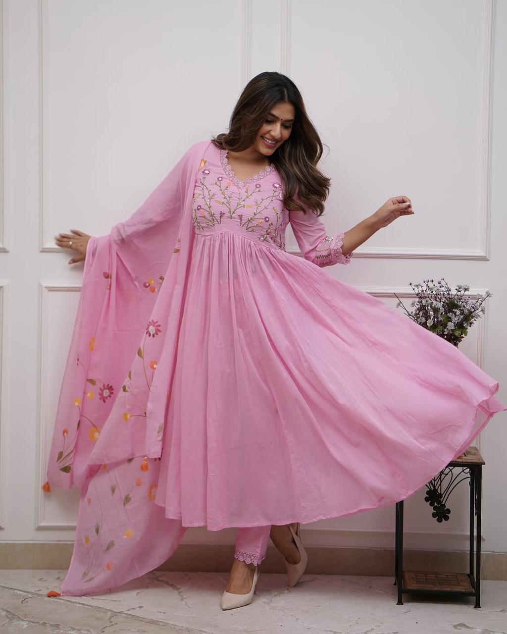 Floral Embroidered Cotton Anarkali Set with Malmal Dupatta