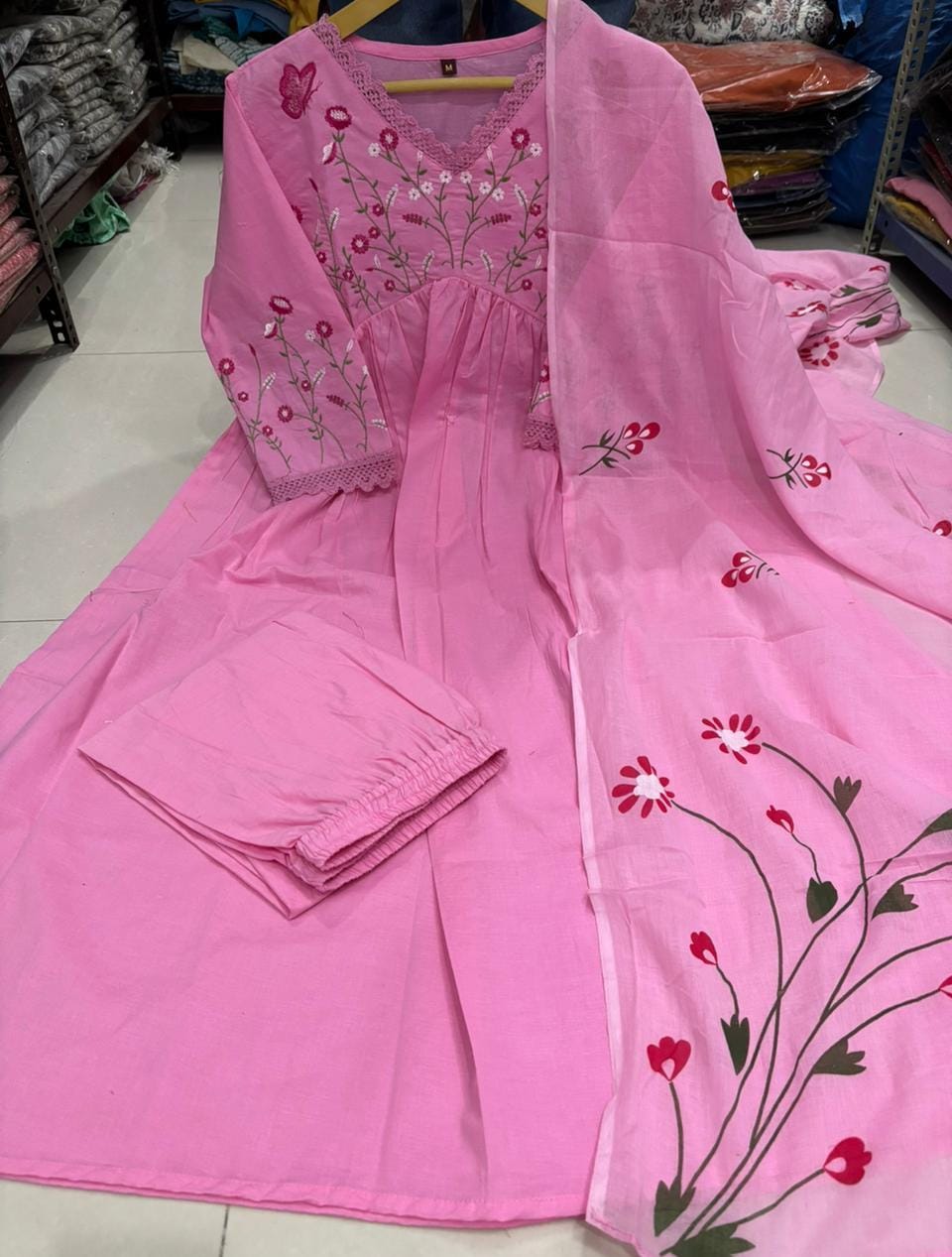 Floral Embroidered Cotton Anarkali Set with Malmal Dupatta