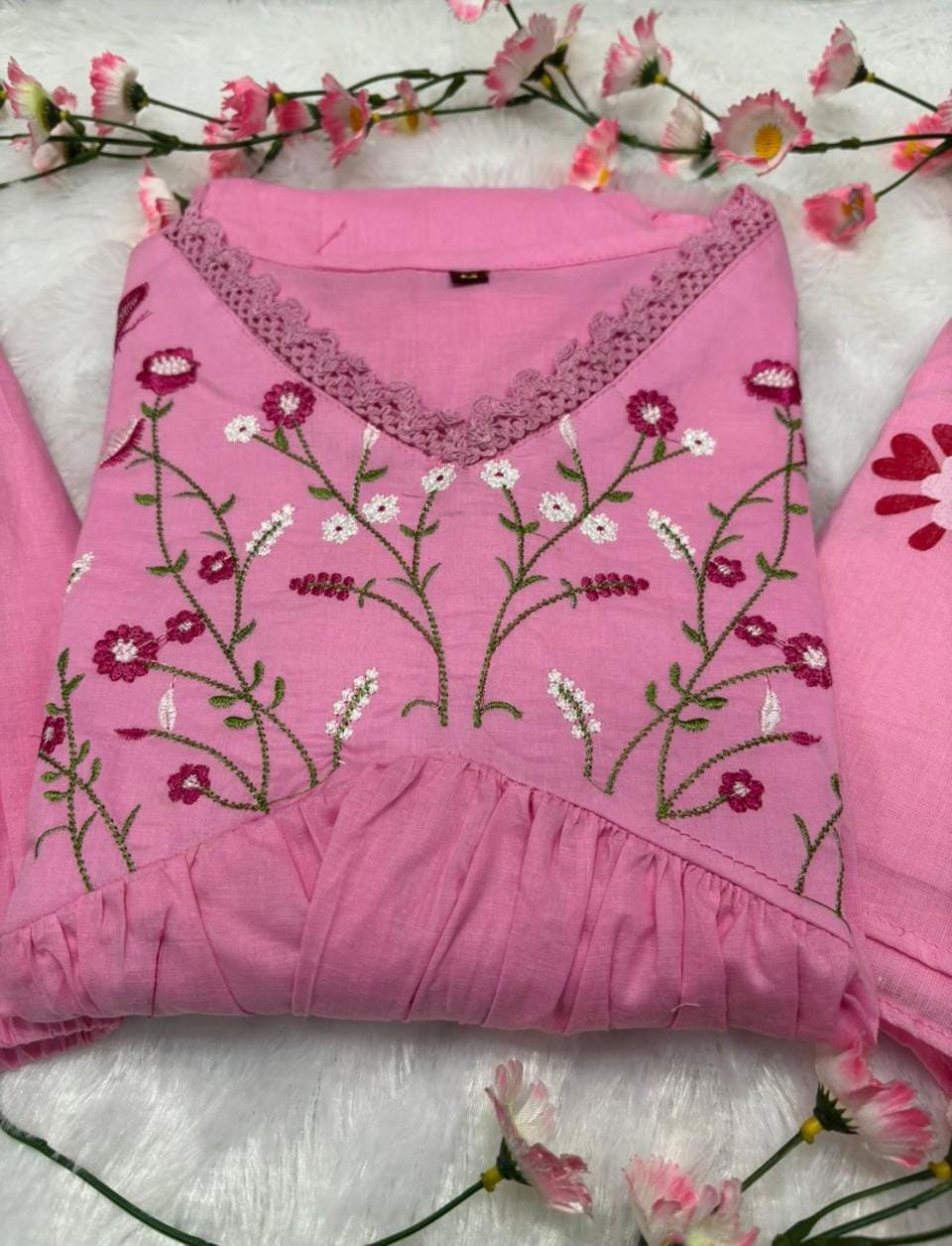 Floral Embroidered Cotton Anarkali Set with Malmal Dupatta