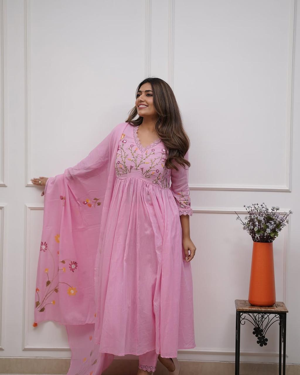 Floral Embroidered Cotton Anarkali Set with Malmal Dupatta