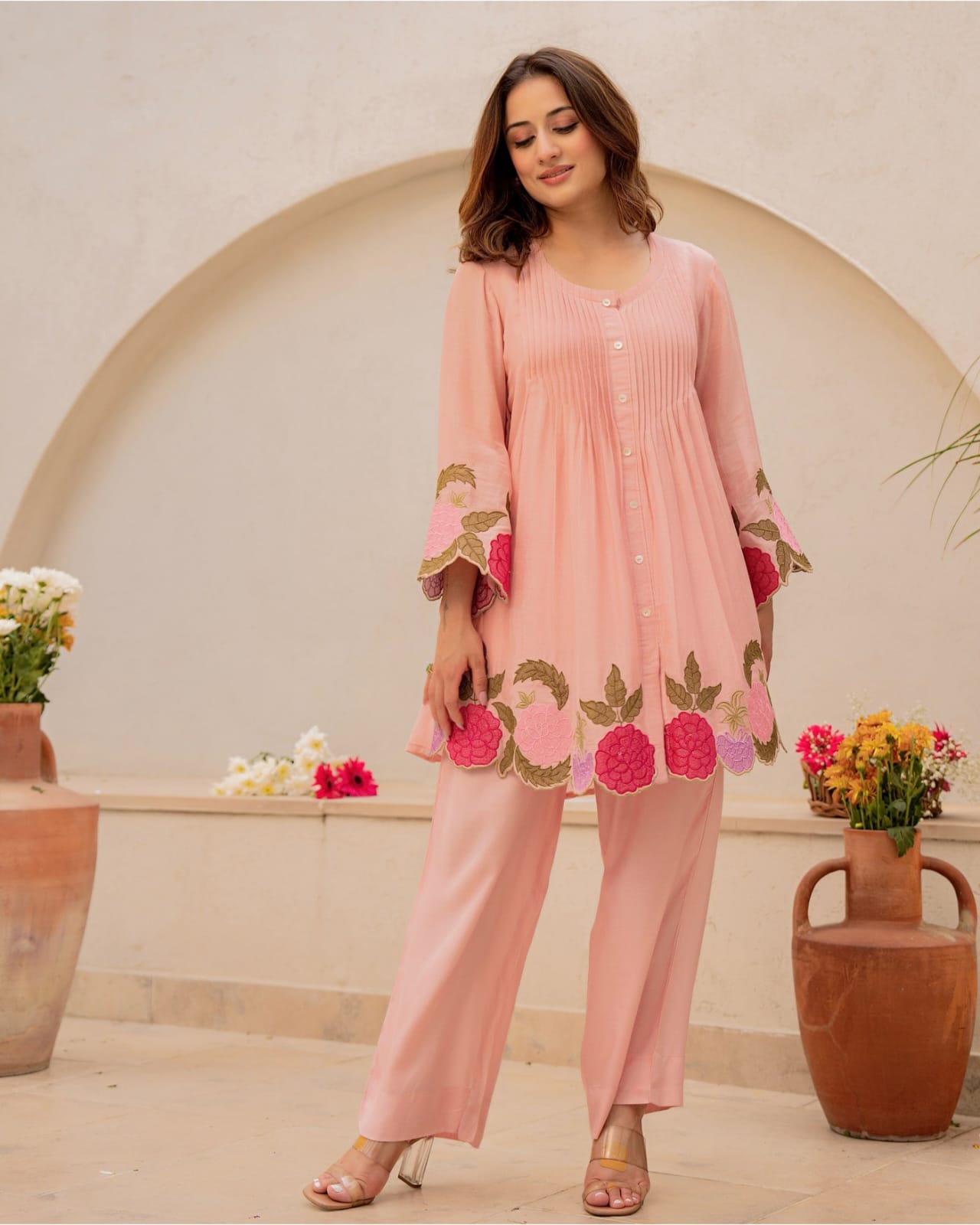 Baby Pink Floral Embroidered Cutwork Cotton Tunic and Pant Set