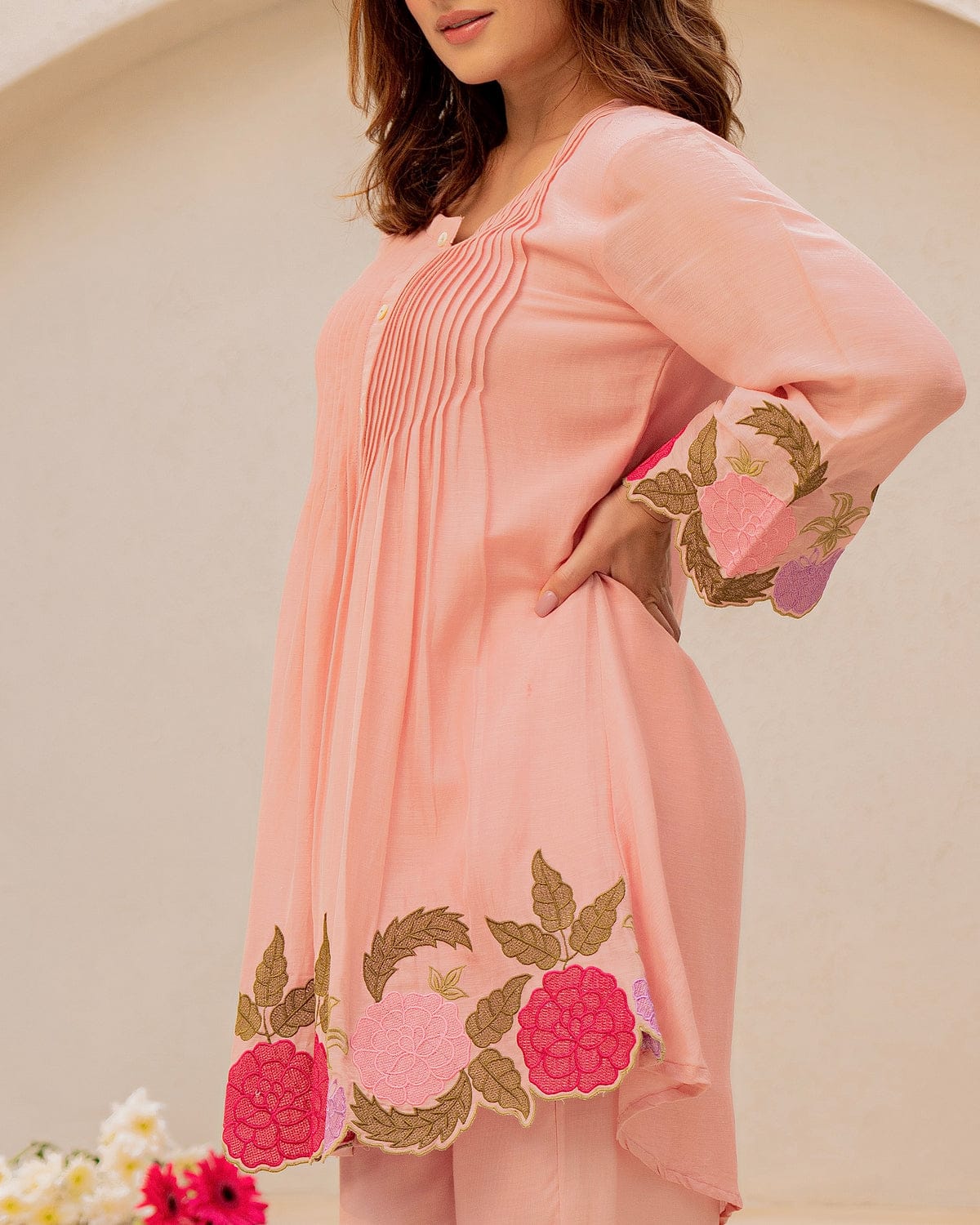 Baby Pink Floral Embroidered Cutwork Cotton Tunic and Pant Set
