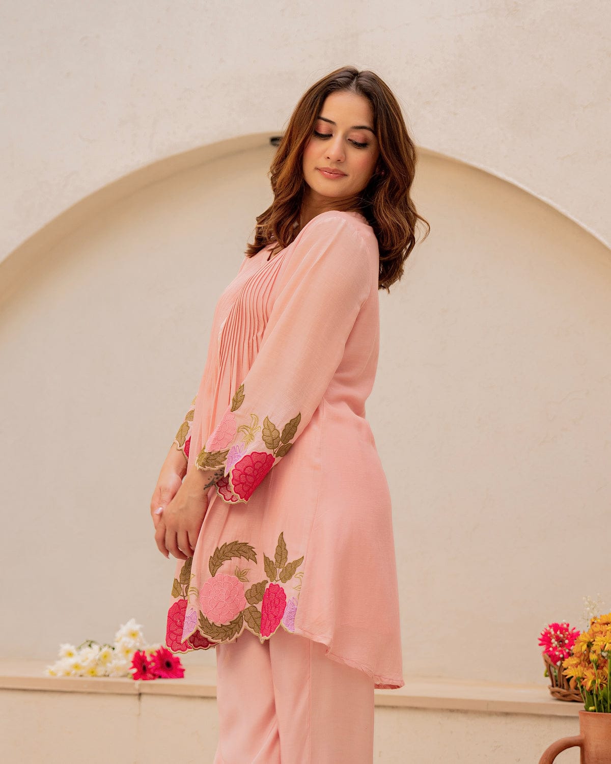 Baby Pink Floral Embroidered Cutwork Cotton Tunic and Pant Set