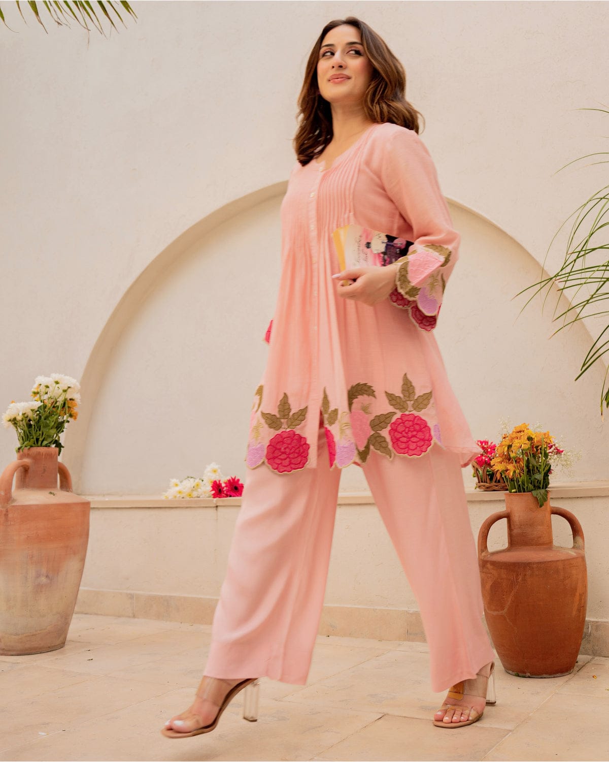 Baby Pink Floral Embroidered Cutwork Cotton Tunic and Pant Set