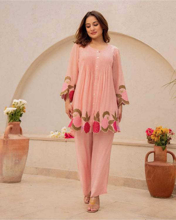 Baby Pink Floral Embroidered Cutwork Cotton Tunic and Pant Set