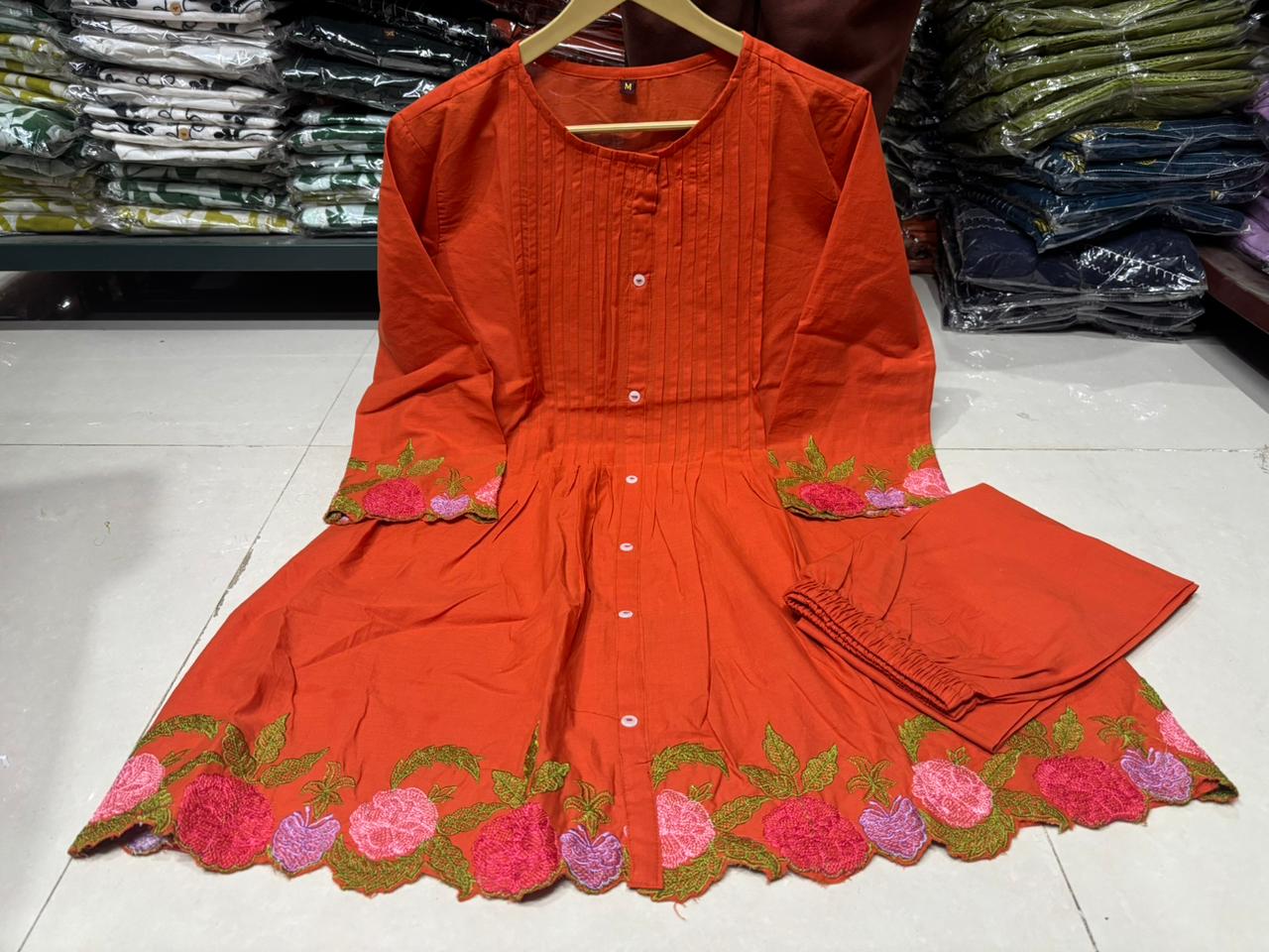 Orange Floral Embroidered Cutwork Cotton Tunic and Pant Set