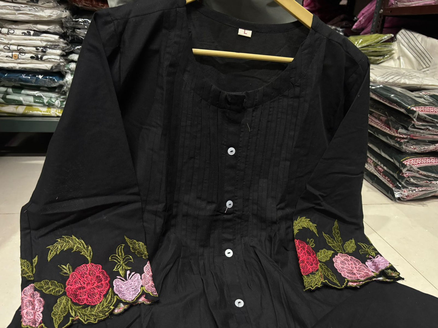 Black Floral Embroidered Cutwork Cotton Tunic and Pant Set