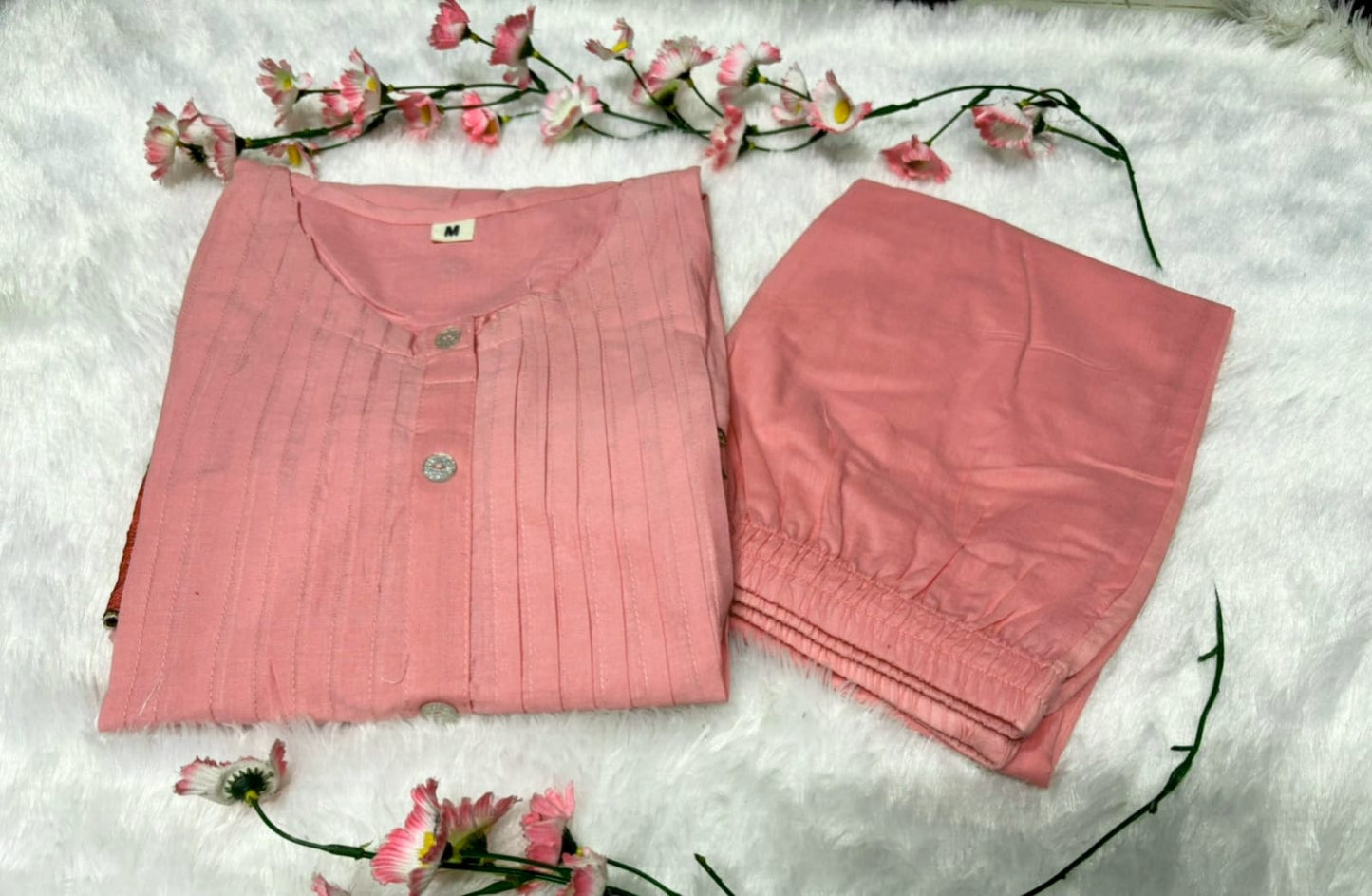 Baby Pink Floral Embroidered Cutwork Cotton Tunic and Pant Set