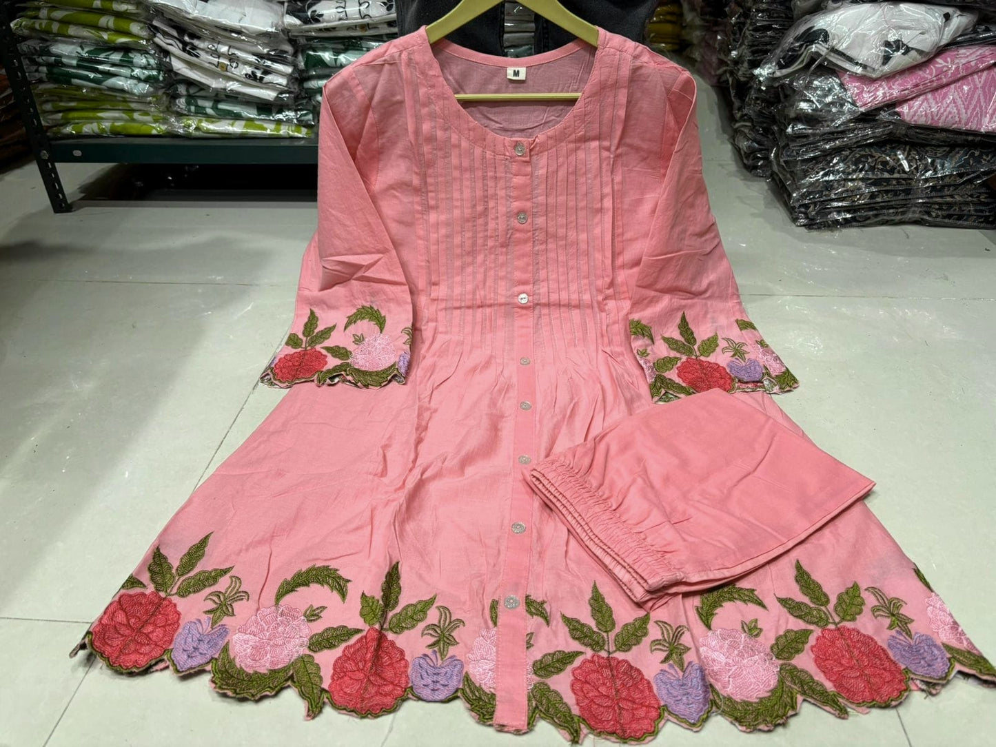 Baby Pink Floral Embroidered Cutwork Cotton Tunic and Pant Set