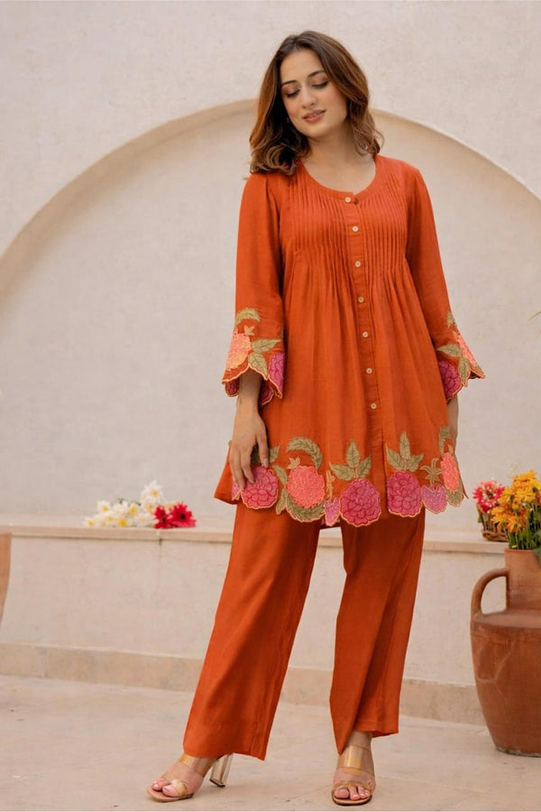 Orange Floral Embroidered Cutwork Cotton Tunic and Pant Set