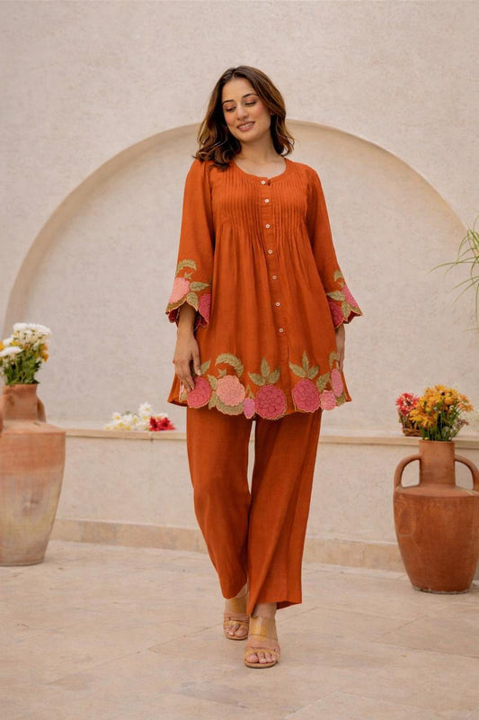 Orange Floral Embroidered Cutwork Cotton Tunic and Pant Set