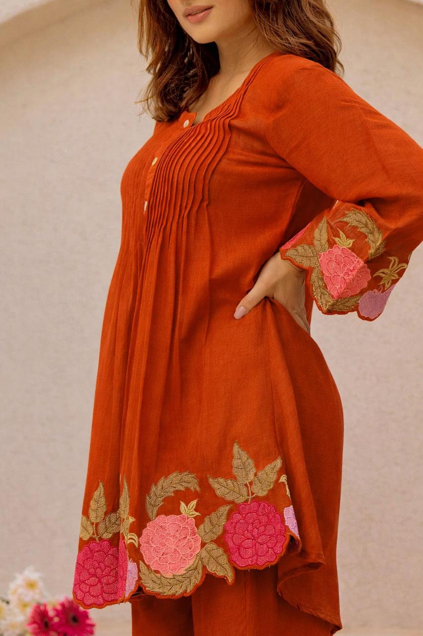 Orange Floral Embroidered Cutwork Cotton Tunic and Pant Set