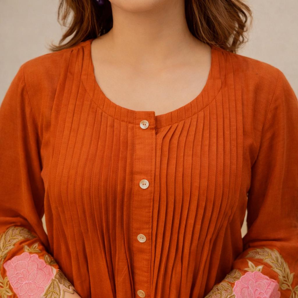 Orange Floral Embroidered Cutwork Cotton Tunic and Pant Set